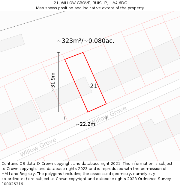 21, WILLOW GROVE, RUISLIP, HA4 6DG: Plot and title map
