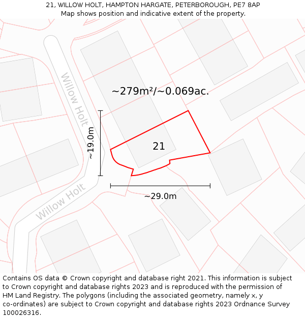 21, WILLOW HOLT, HAMPTON HARGATE, PETERBOROUGH, PE7 8AP: Plot and title map
