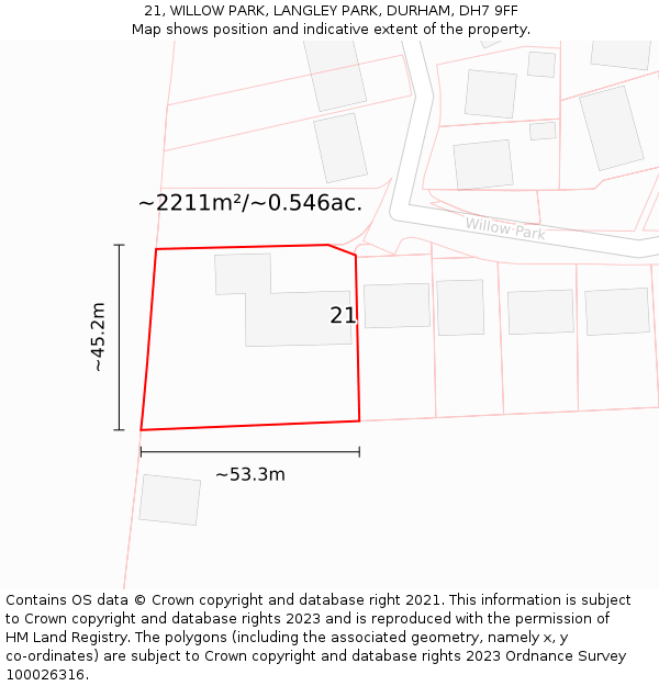 21, WILLOW PARK, LANGLEY PARK, DURHAM, DH7 9FF: Plot and title map