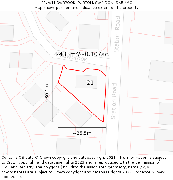 21, WILLOWBROOK, PURTON, SWINDON, SN5 4AG: Plot and title map