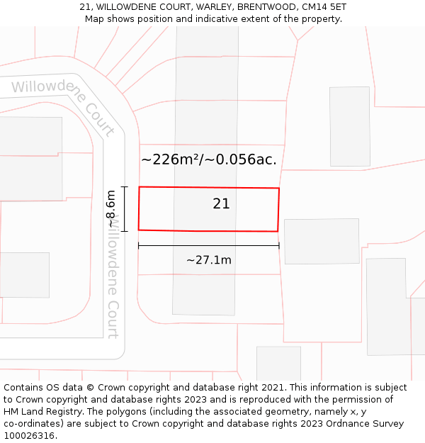 21, WILLOWDENE COURT, WARLEY, BRENTWOOD, CM14 5ET: Plot and title map