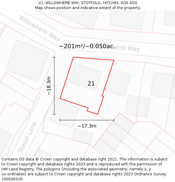21, WILLOWHERB WAY, STOTFOLD, HITCHIN, SG5 4GS: Plot and title map