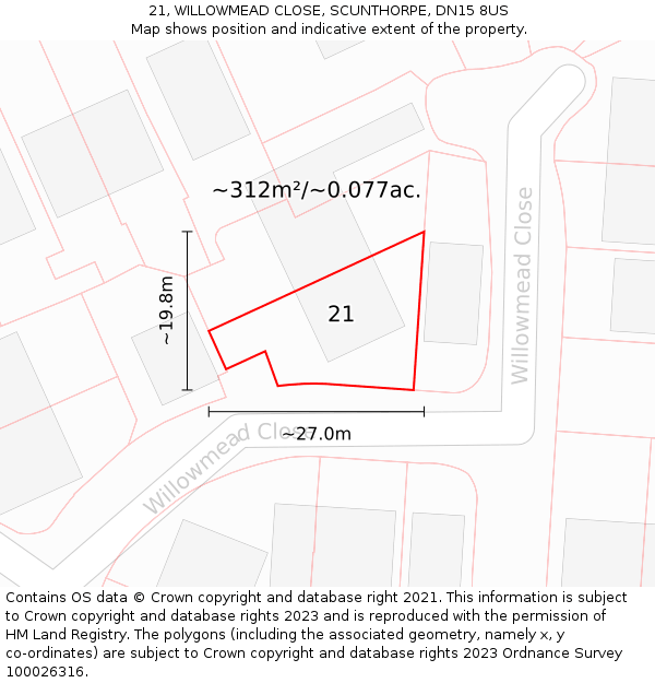 21, WILLOWMEAD CLOSE, SCUNTHORPE, DN15 8US: Plot and title map