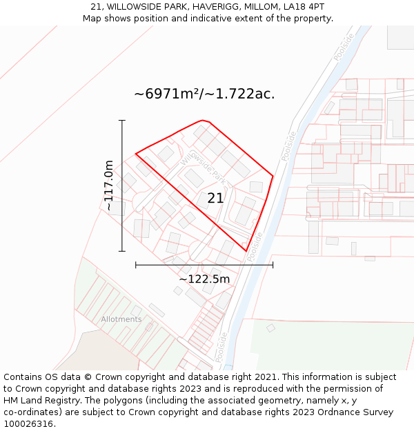 21, WILLOWSIDE PARK, HAVERIGG, MILLOM, LA18 4PT: Plot and title map