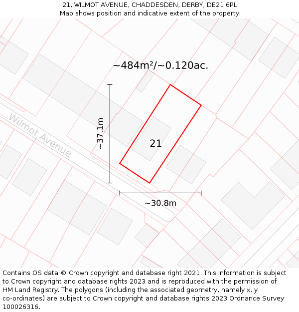 21, WILMOT AVENUE, CHADDESDEN, DERBY, DE21 6PL: Plot and title map