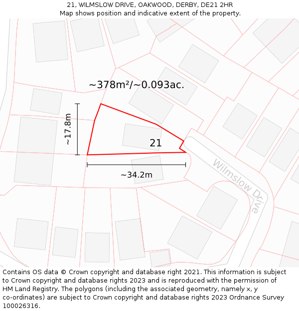 21, WILMSLOW DRIVE, OAKWOOD, DERBY, DE21 2HR: Plot and title map