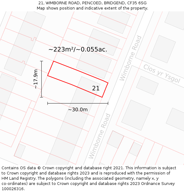 21, WIMBORNE ROAD, PENCOED, BRIDGEND, CF35 6SG: Plot and title map