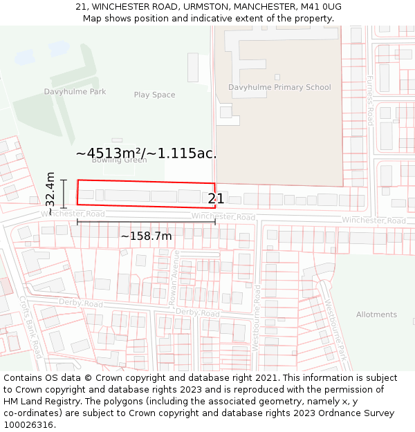 21, WINCHESTER ROAD, URMSTON, MANCHESTER, M41 0UG: Plot and title map