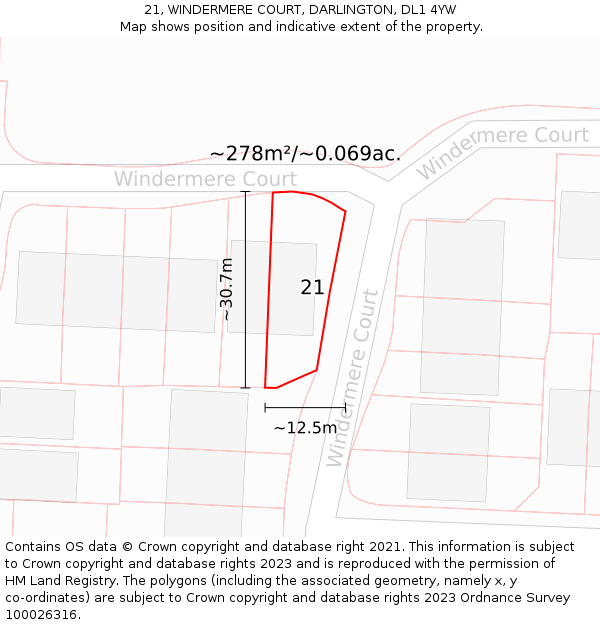 21, WINDERMERE COURT, DARLINGTON, DL1 4YW: Plot and title map