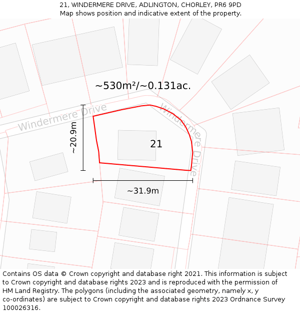 21, WINDERMERE DRIVE, ADLINGTON, CHORLEY, PR6 9PD: Plot and title map
