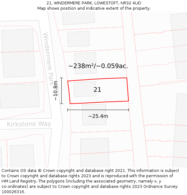 21, WINDERMERE PARK, LOWESTOFT, NR32 4UD: Plot and title map