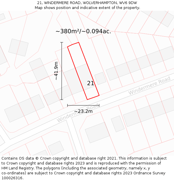 21, WINDERMERE ROAD, WOLVERHAMPTON, WV6 9DW: Plot and title map