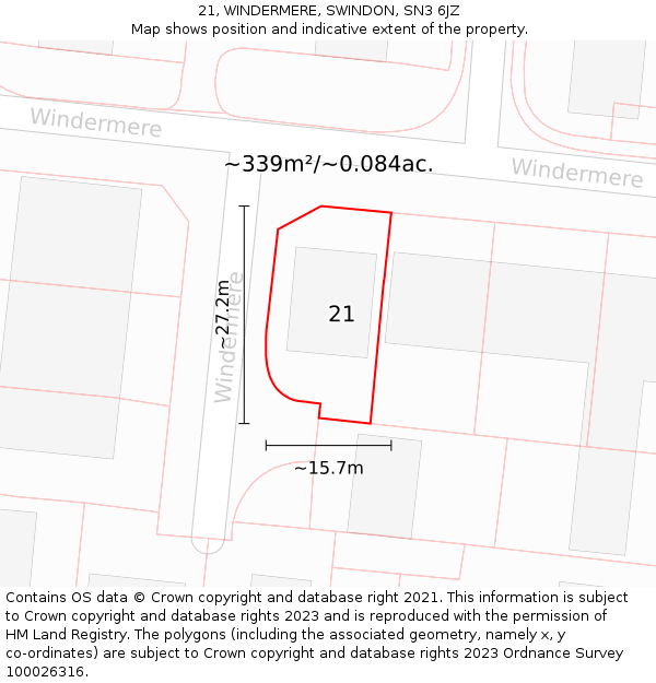 21, WINDERMERE, SWINDON, SN3 6JZ: Plot and title map
