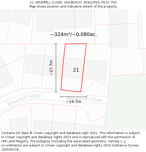 21, WINDMILL CLOSE, HOLBEACH, SPALDING, PE12 7NX: Plot and title map