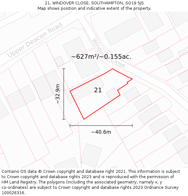 21, WINDOVER CLOSE, SOUTHAMPTON, SO19 5JS: Plot and title map