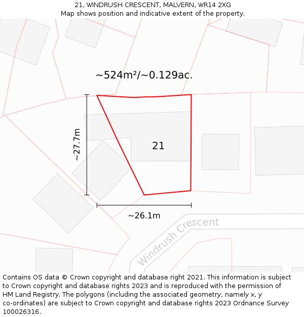 21, WINDRUSH CRESCENT, MALVERN, WR14 2XG: Plot and title map