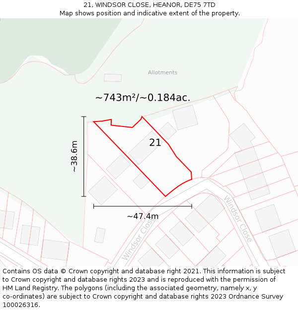 21, WINDSOR CLOSE, HEANOR, DE75 7TD: Plot and title map