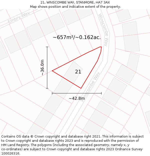 21, WINSCOMBE WAY, STANMORE, HA7 3AX: Plot and title map