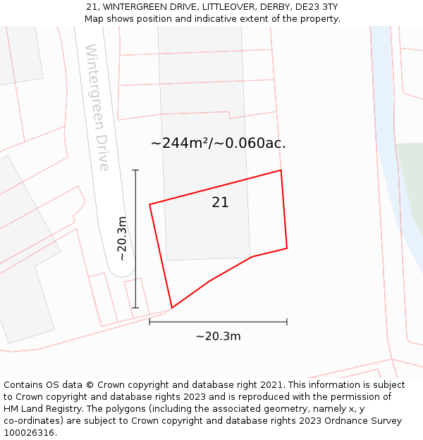 21, WINTERGREEN DRIVE, LITTLEOVER, DERBY, DE23 3TY: Plot and title map