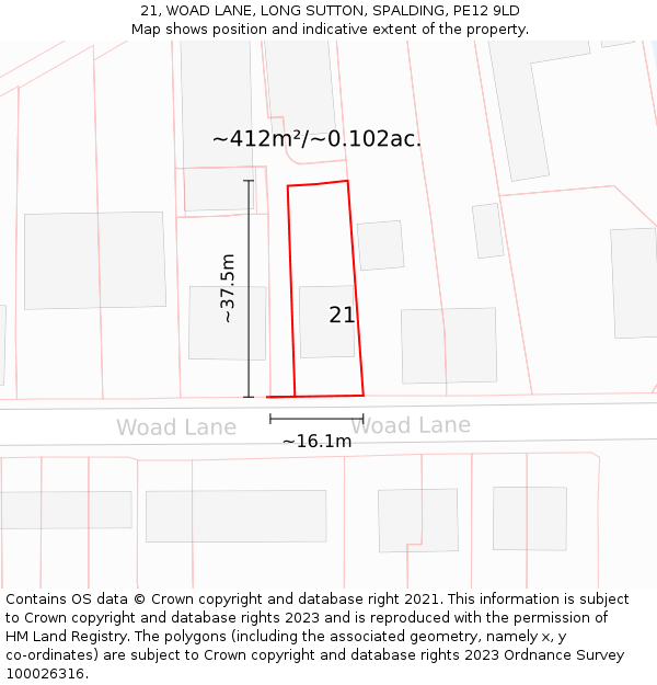 21, WOAD LANE, LONG SUTTON, SPALDING, PE12 9LD: Plot and title map