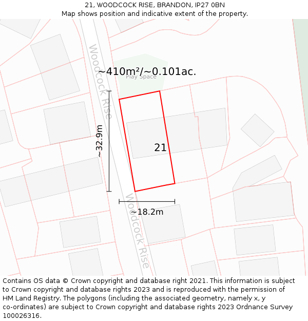 21, WOODCOCK RISE, BRANDON, IP27 0BN: Plot and title map
