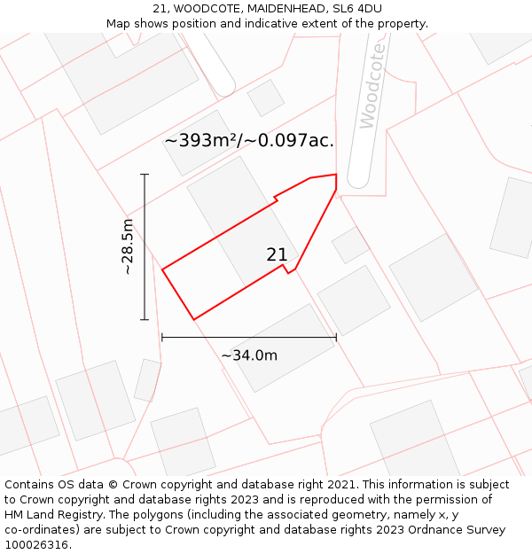 21, WOODCOTE, MAIDENHEAD, SL6 4DU: Plot and title map