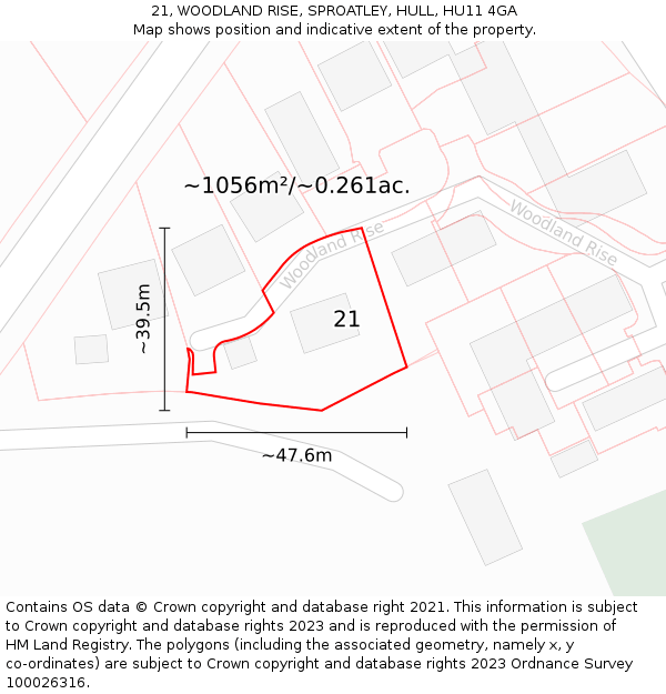 21, WOODLAND RISE, SPROATLEY, HULL, HU11 4GA: Plot and title map