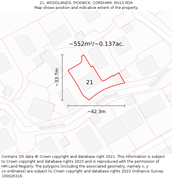 21, WOODLANDS, PICKWICK, CORSHAM, SN13 0DA: Plot and title map