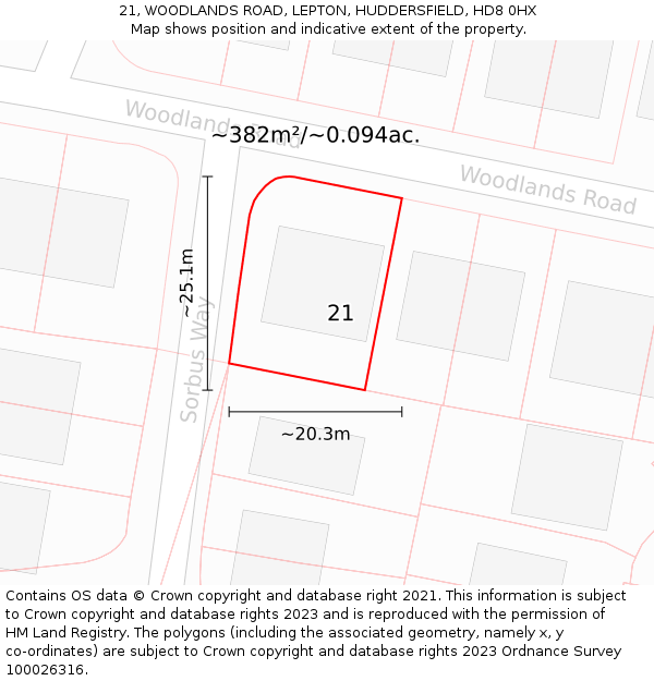 21, WOODLANDS ROAD, LEPTON, HUDDERSFIELD, HD8 0HX: Plot and title map