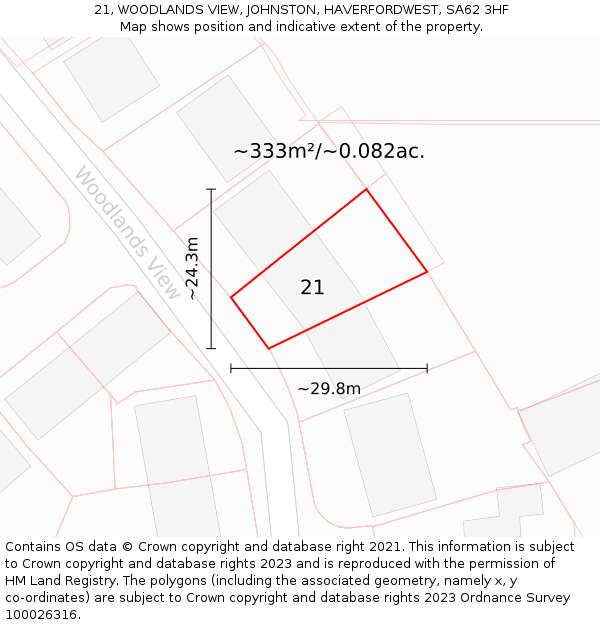 21, WOODLANDS VIEW, JOHNSTON, HAVERFORDWEST, SA62 3HF: Plot and title map