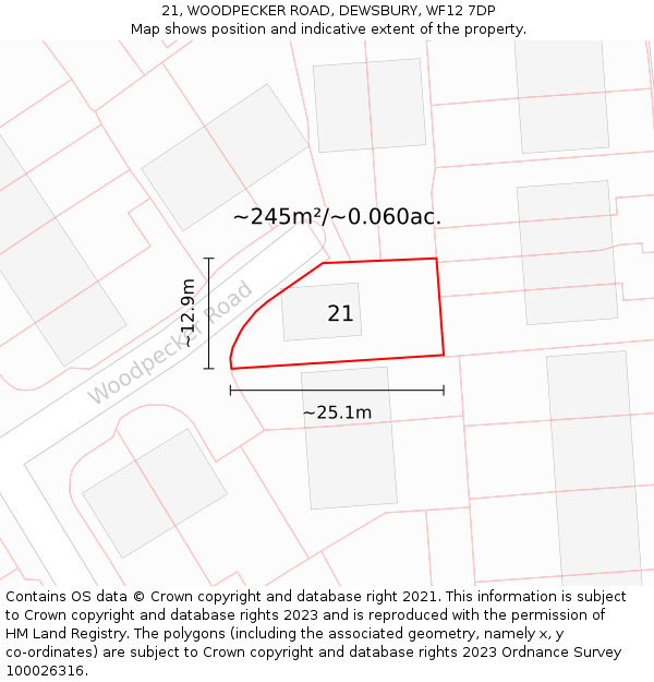 21, WOODPECKER ROAD, DEWSBURY, WF12 7DP: Plot and title map