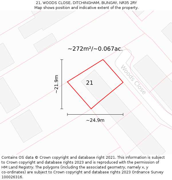 21, WOODS CLOSE, DITCHINGHAM, BUNGAY, NR35 2RY: Plot and title map