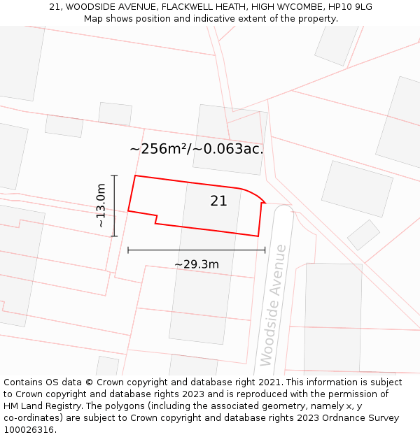21, WOODSIDE AVENUE, FLACKWELL HEATH, HIGH WYCOMBE, HP10 9LG: Plot and title map