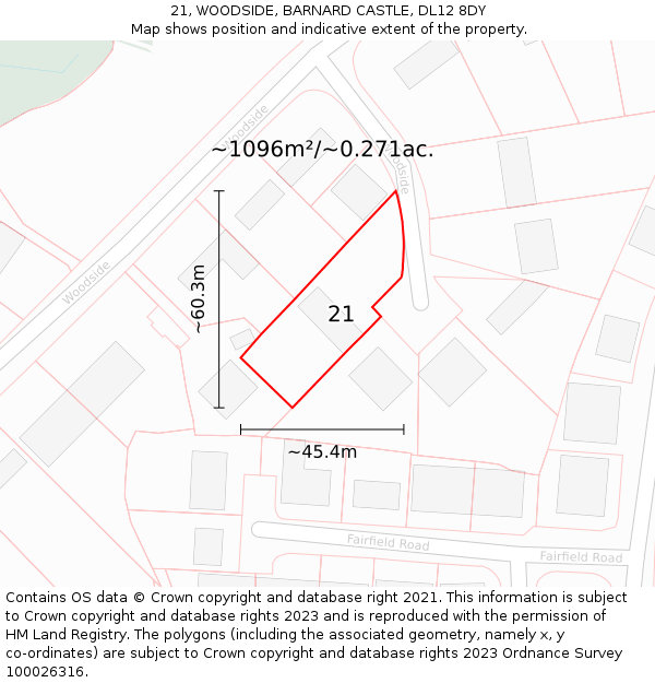 21, WOODSIDE, BARNARD CASTLE, DL12 8DY: Plot and title map