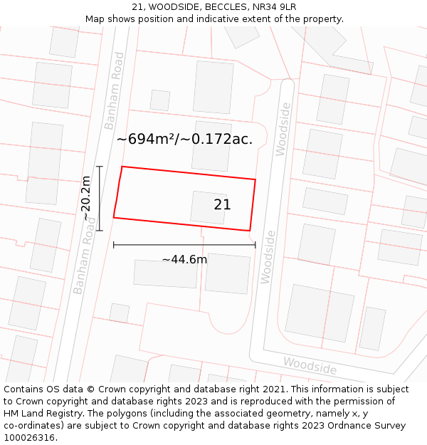 21, WOODSIDE, BECCLES, NR34 9LR: Plot and title map
