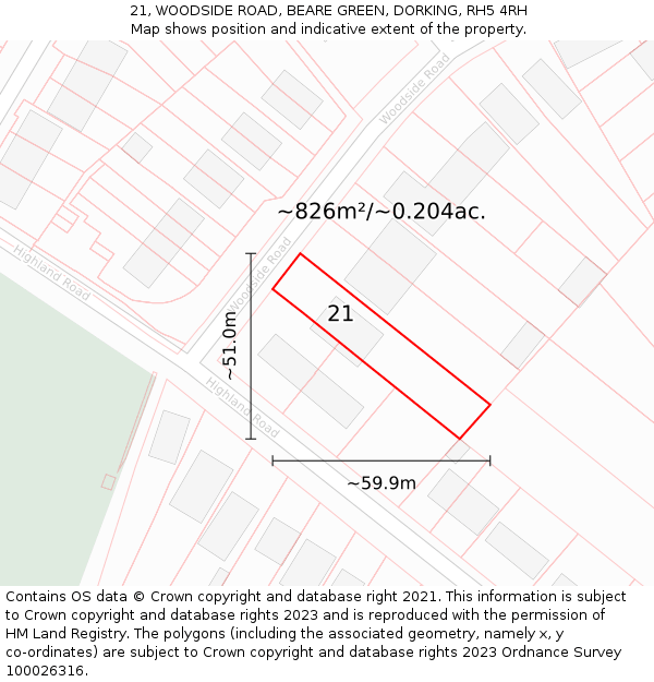 21, WOODSIDE ROAD, BEARE GREEN, DORKING, RH5 4RH: Plot and title map