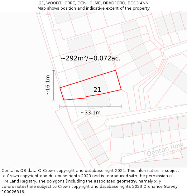 21, WOODTHORPE, DENHOLME, BRADFORD, BD13 4NN: Plot and title map