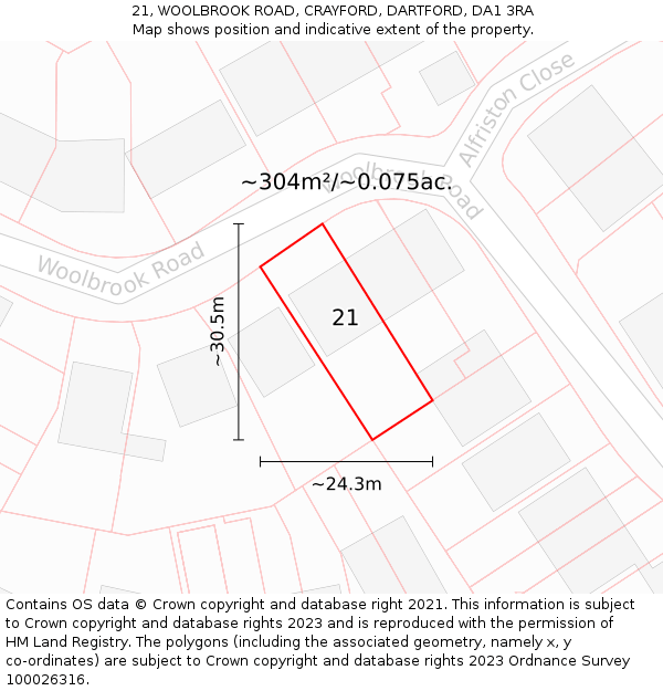 21, WOOLBROOK ROAD, CRAYFORD, DARTFORD, DA1 3RA: Plot and title map