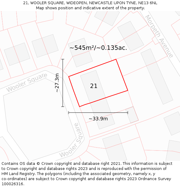 21, WOOLER SQUARE, WIDEOPEN, NEWCASTLE UPON TYNE, NE13 6NL: Plot and title map