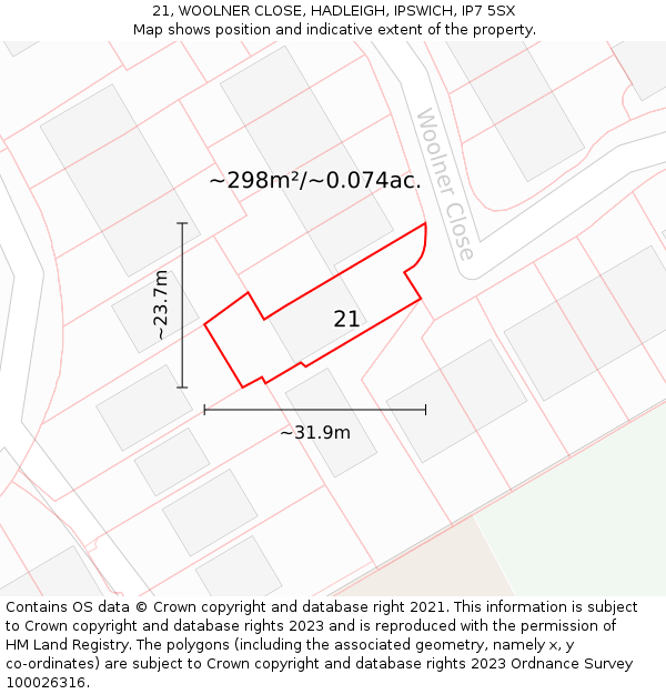 21, WOOLNER CLOSE, HADLEIGH, IPSWICH, IP7 5SX: Plot and title map