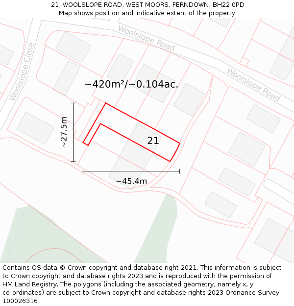 21, WOOLSLOPE ROAD, WEST MOORS, FERNDOWN, BH22 0PD: Plot and title map