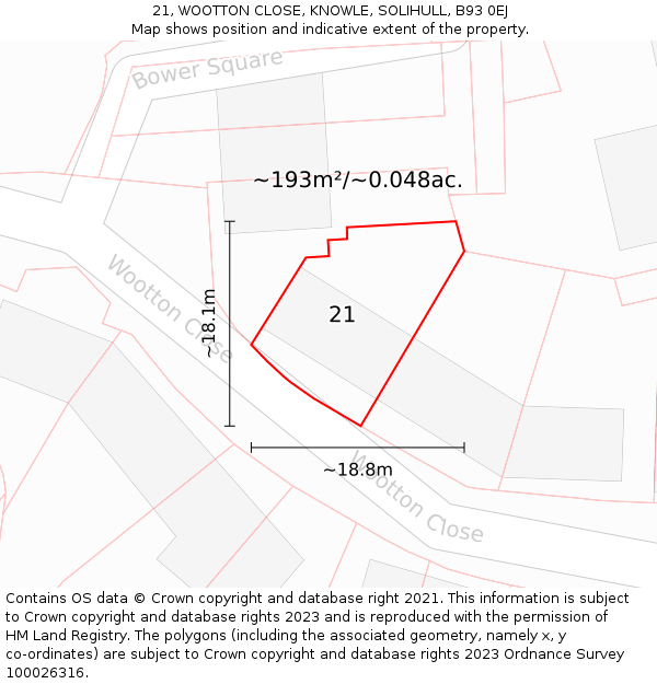 21, WOOTTON CLOSE, KNOWLE, SOLIHULL, B93 0EJ: Plot and title map
