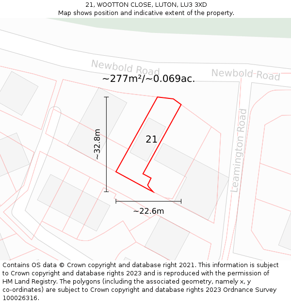 21, WOOTTON CLOSE, LUTON, LU3 3XD: Plot and title map