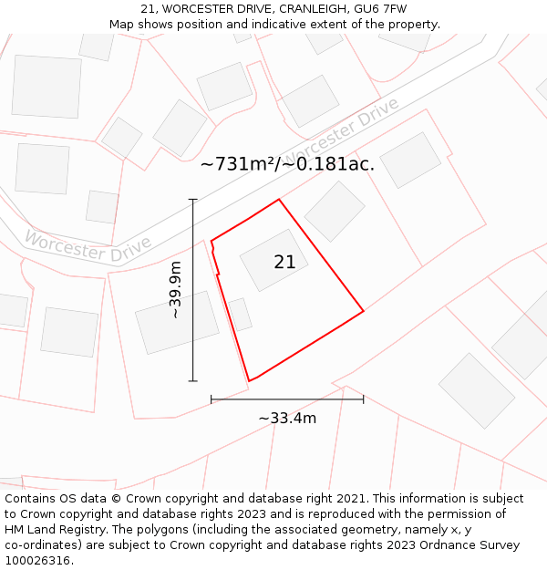 21, WORCESTER DRIVE, CRANLEIGH, GU6 7FW: Plot and title map