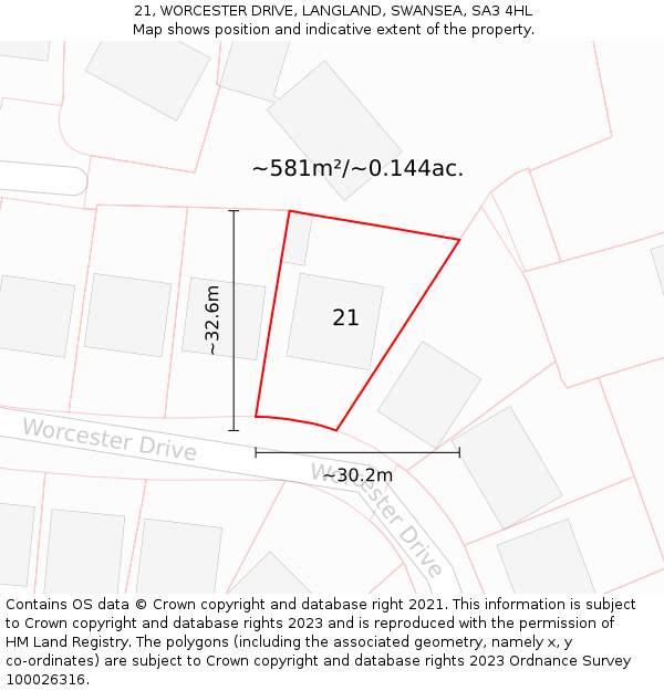 21, WORCESTER DRIVE, LANGLAND, SWANSEA, SA3 4HL: Plot and title map