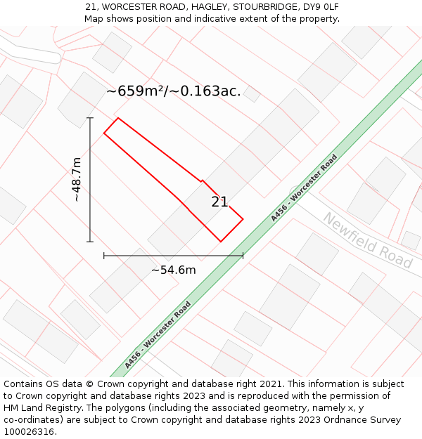 21, WORCESTER ROAD, HAGLEY, STOURBRIDGE, DY9 0LF: Plot and title map