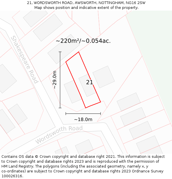 21, WORDSWORTH ROAD, AWSWORTH, NOTTINGHAM, NG16 2SW: Plot and title map