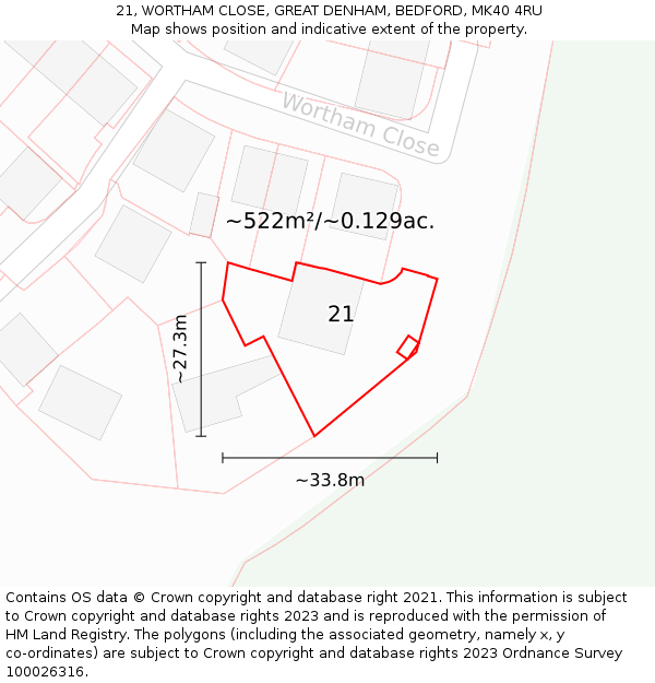 21, WORTHAM CLOSE, GREAT DENHAM, BEDFORD, MK40 4RU: Plot and title map