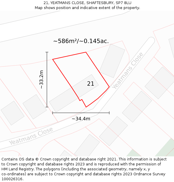 21, YEATMANS CLOSE, SHAFTESBURY, SP7 8LU: Plot and title map