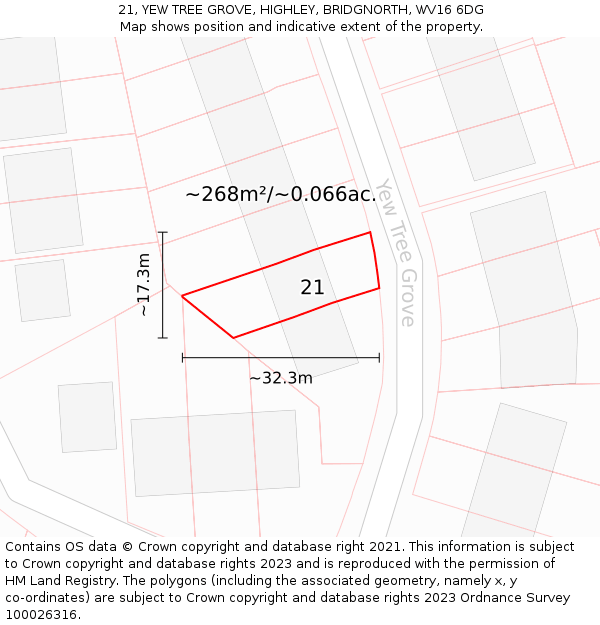 21, YEW TREE GROVE, HIGHLEY, BRIDGNORTH, WV16 6DG: Plot and title map